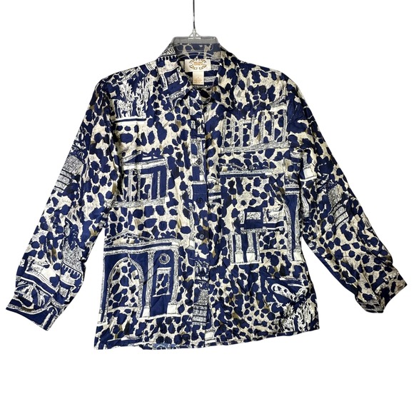 Metro Express Tops - Metro Express 100% Silk Blouse Architectural Animal Print Blue Cream Vintage S